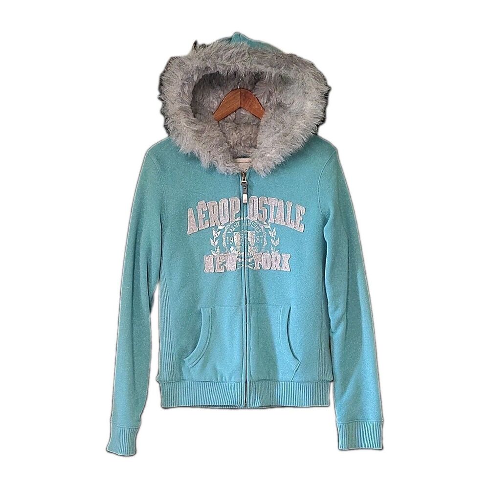 Y2K Aeropostale Hoodie Womens M Blue Faux Fur Lined Zip McBling 2000s
